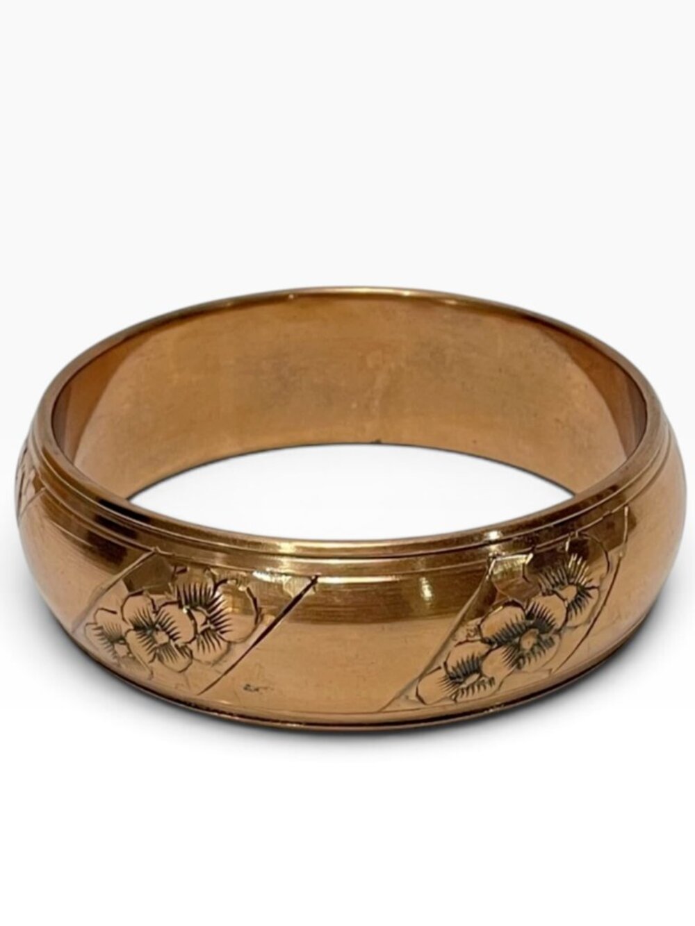 Vintage Copper Bracelet 1" Wide Bangle Floral Etched Metal Boho